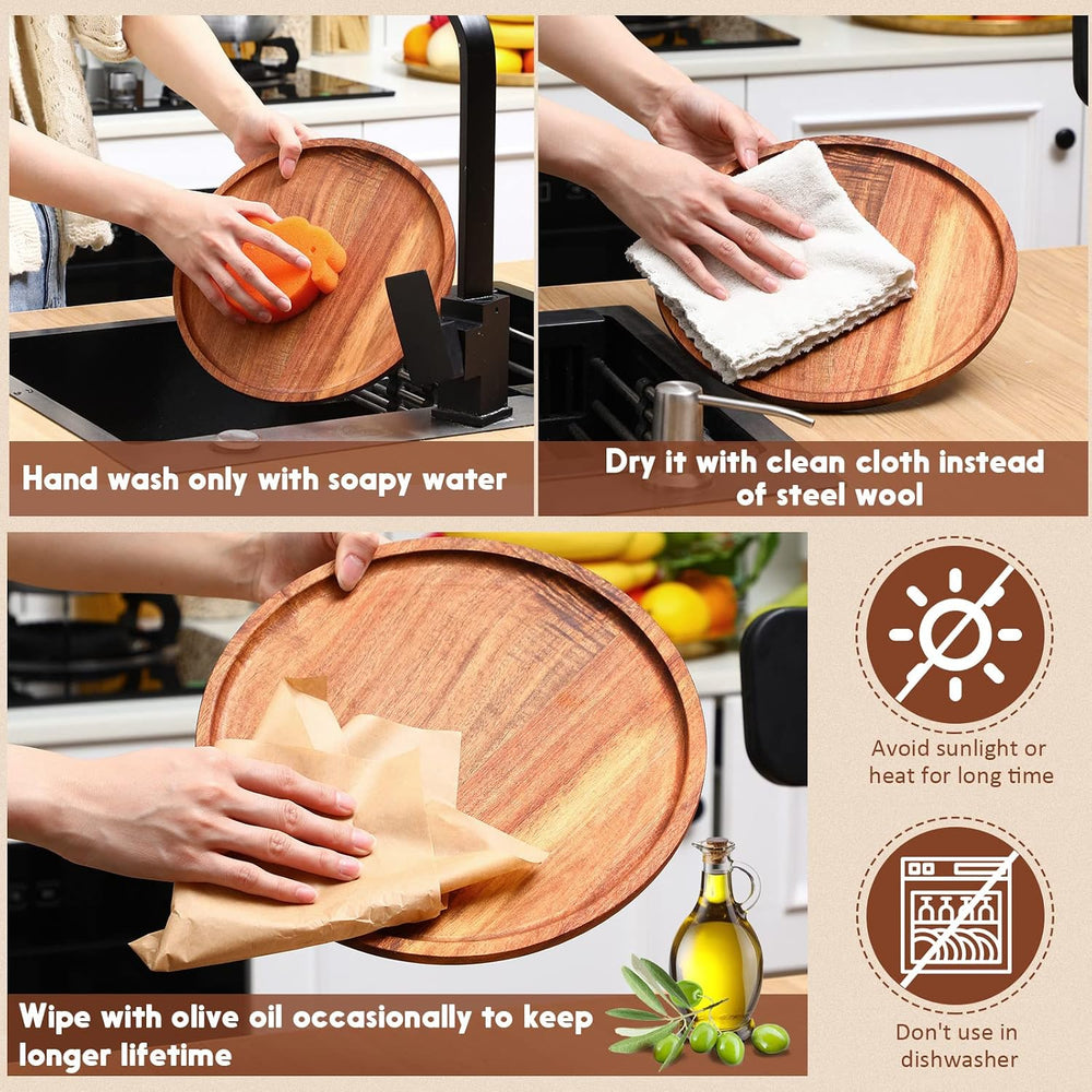 Rtteri Acacia Wood Dinner Plates, D 9.8'', Thk 0.6in, 12 Pcs