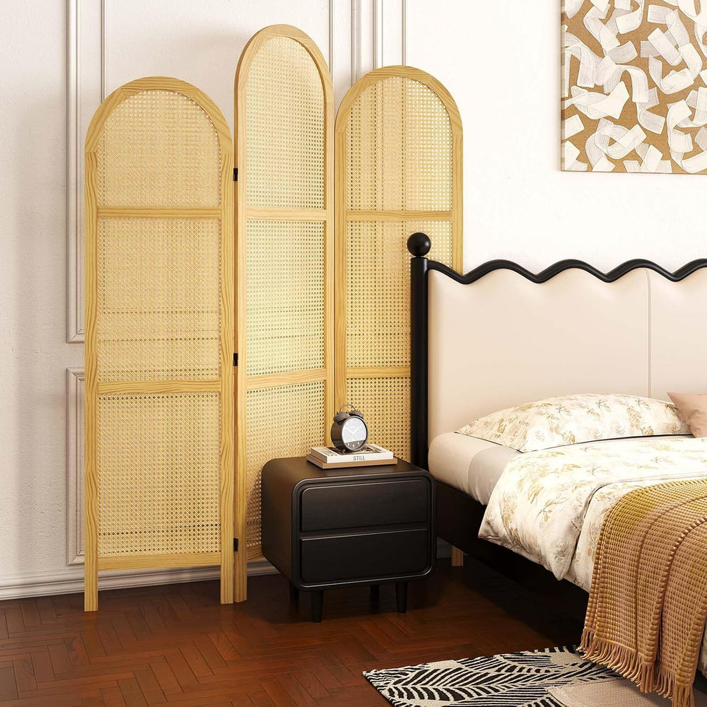 3-Panel Hand-Woven Rattan Room Divider, Tall Foldable Privacy Screen with Woo...