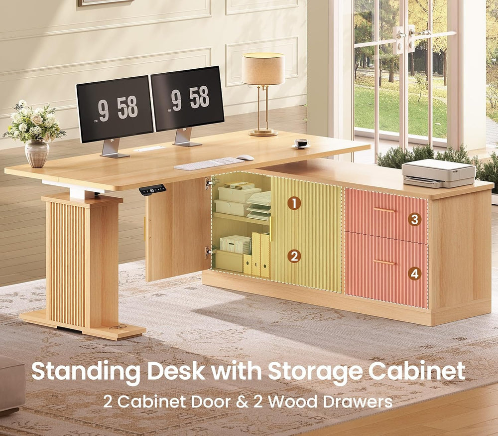 SEDETA Fluted L Shaped Executive Electric Standing Desk with Drawers