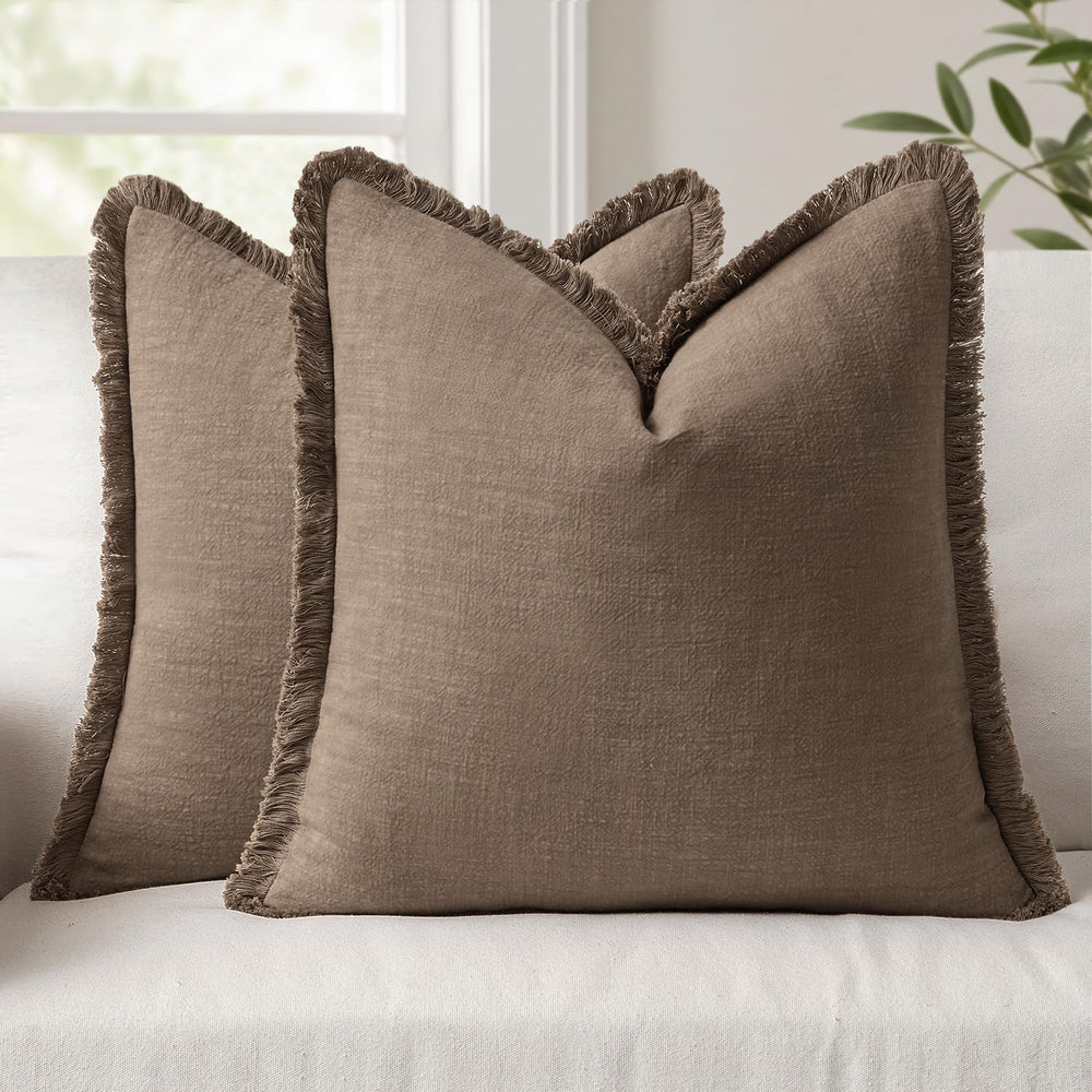 ANRODUO Euro Decorative Linen Fringe Pillow Covers 26×26 Cocoa Brown 2 Pack
