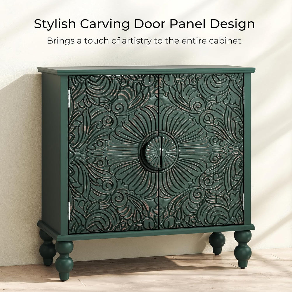 Solid Wood Buffet Cabinet, Accent Cabinet, 2 Carved Doors, Green