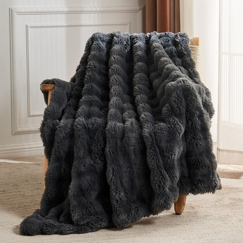 Lotus Karen Faux Fur Blanket Dark Gray Twin Size - Big Bubble Rabbit Fluff Th...