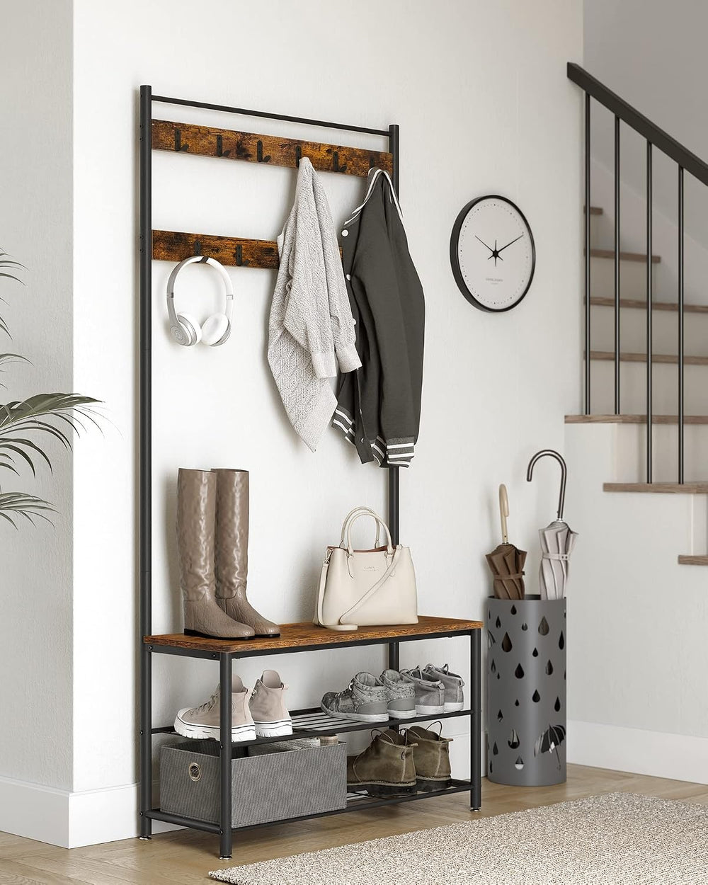 VASAGLE Coat Rack, Hall Tree with Shoe Storage Bench, 3-in-1, Steel Frame