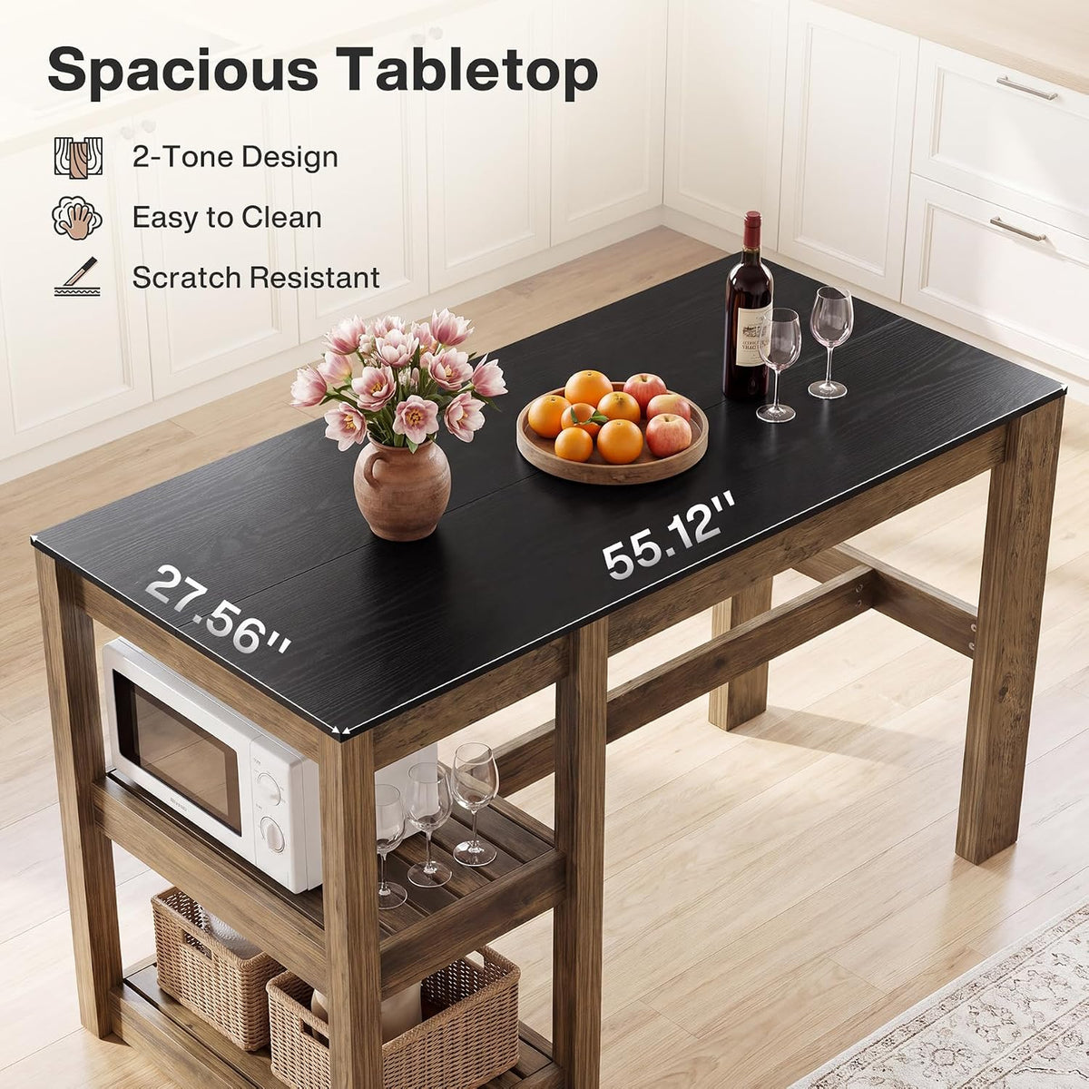 Tribesigns 55" Kitchen Island with Storage Shelves, Rustic Brown and Black | Farmhouse Wood Stationary Island Table for Dining/Living Room, Kitchen, 2-Tier, Spacious Countertop, Easy to Assemble