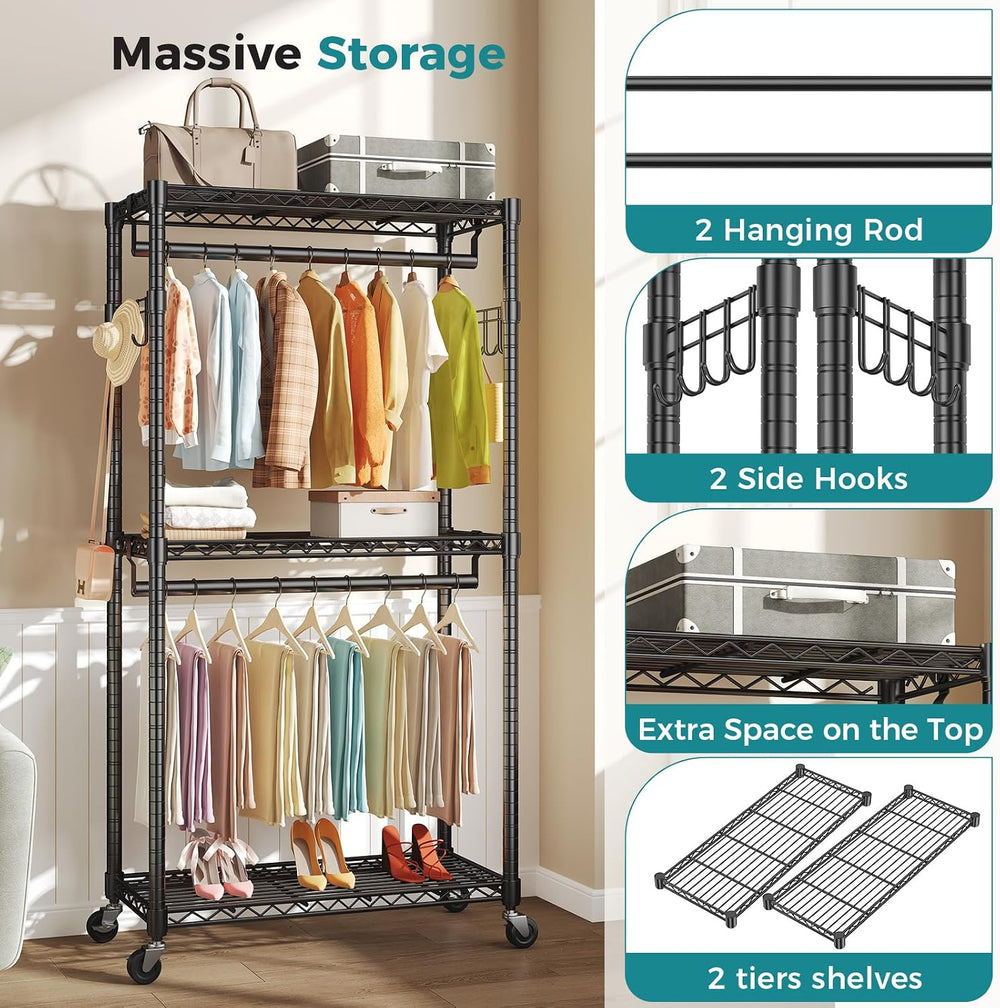 OLIXIS Rolling Clothes Rack, Heavy Duty Garment Rack, 29.5 IN, Metal Black