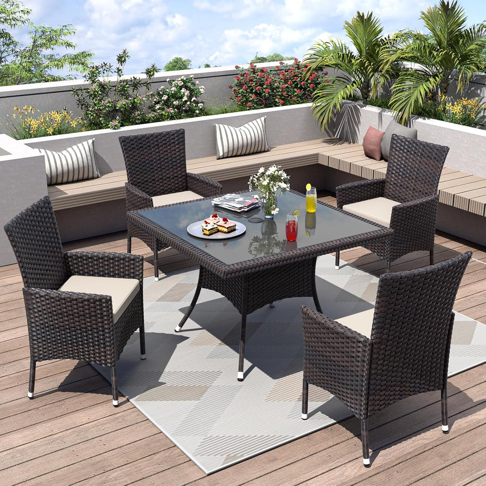 ALAULM 5 Piece Patio Dining Set All-Weather Wicker Outdoor Furniture Set w/Te...