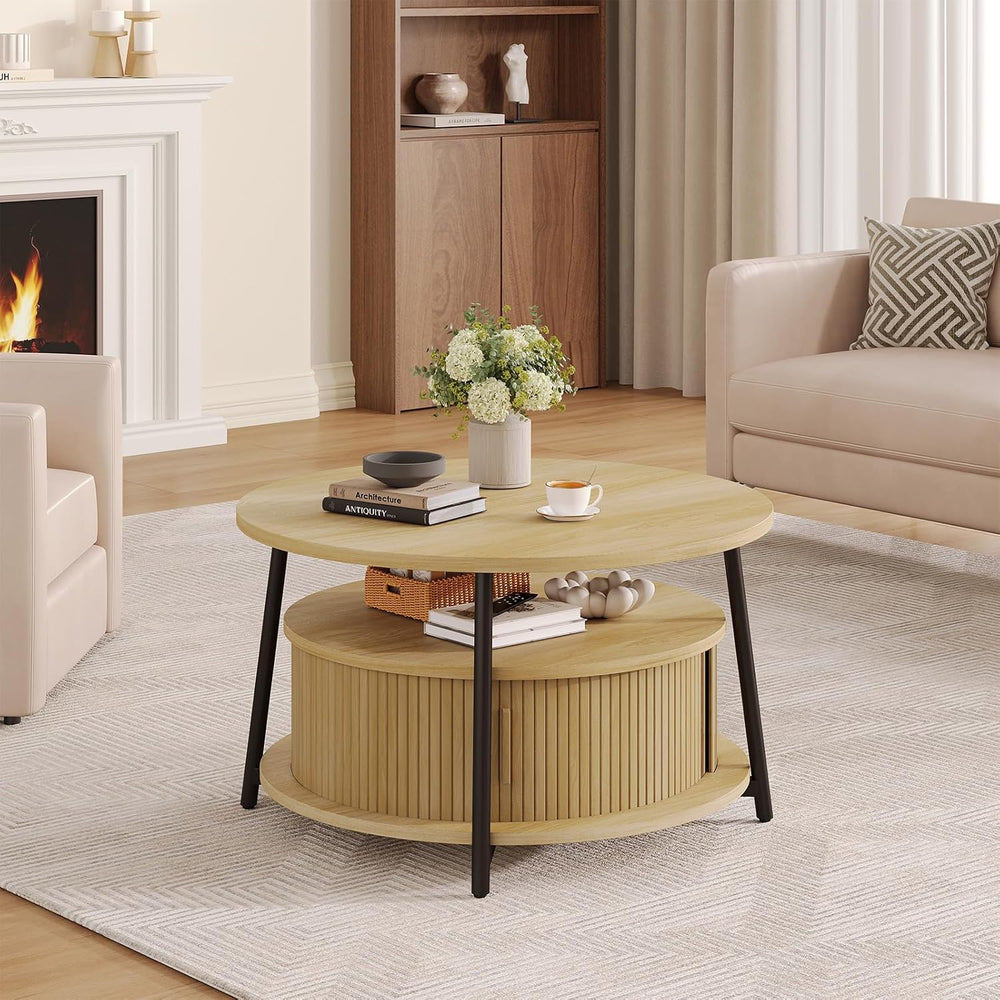ONBRILL 31.5" Round Coffee Table with Storage and 2 Tiers, Oak