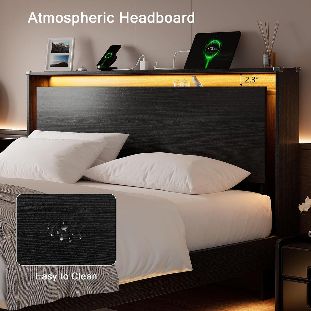 Einhomn King Size Bed Frame with LED Lights & Charging Station – Wood Flo...