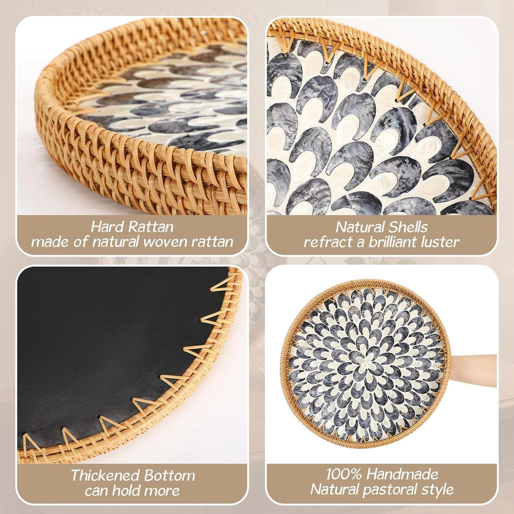 16" Round Rattan Tray Mother of Pearl Inlay Wood Base, Black, Plume