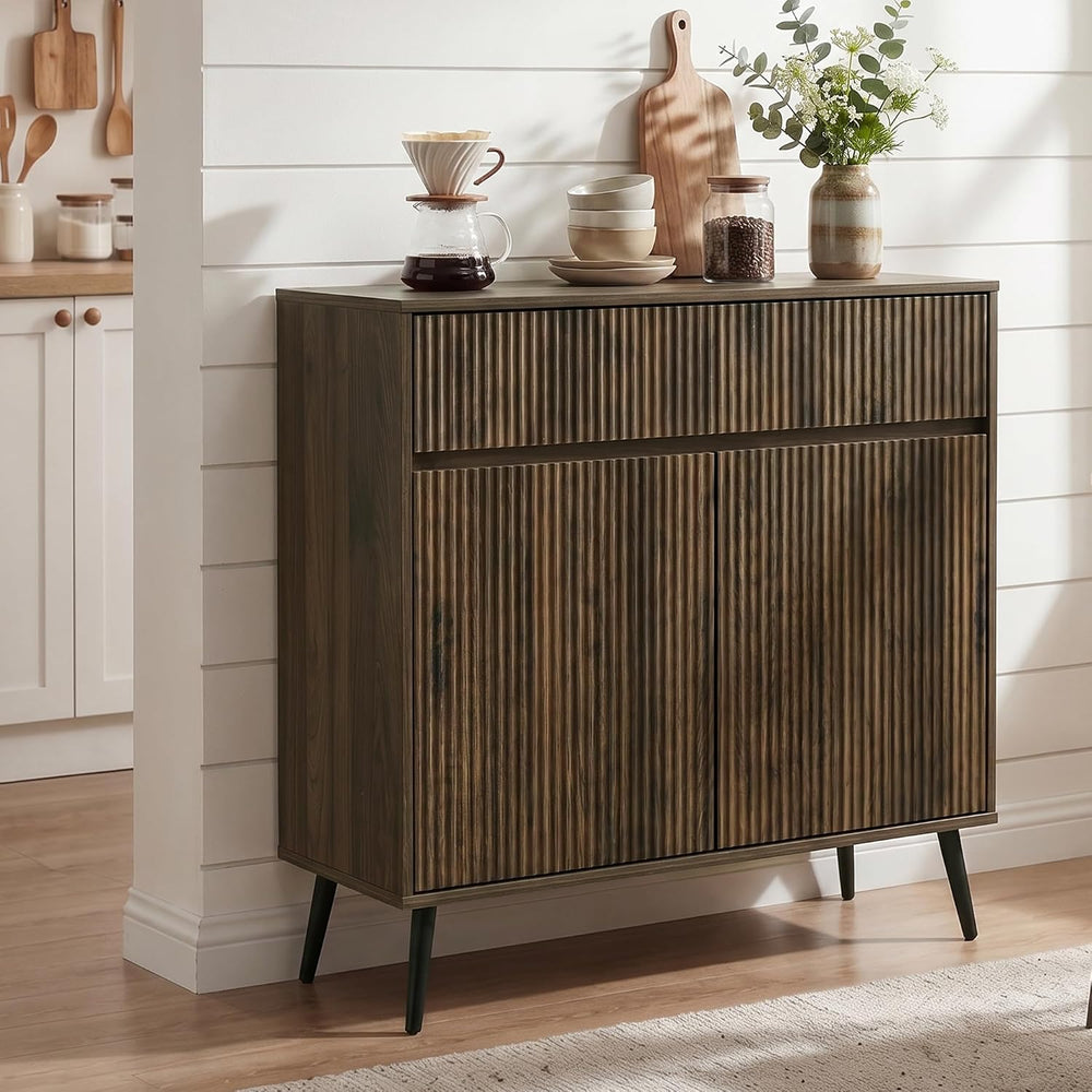 31" Small Fluted Sideboard Buffet Cabinet, Walnut.