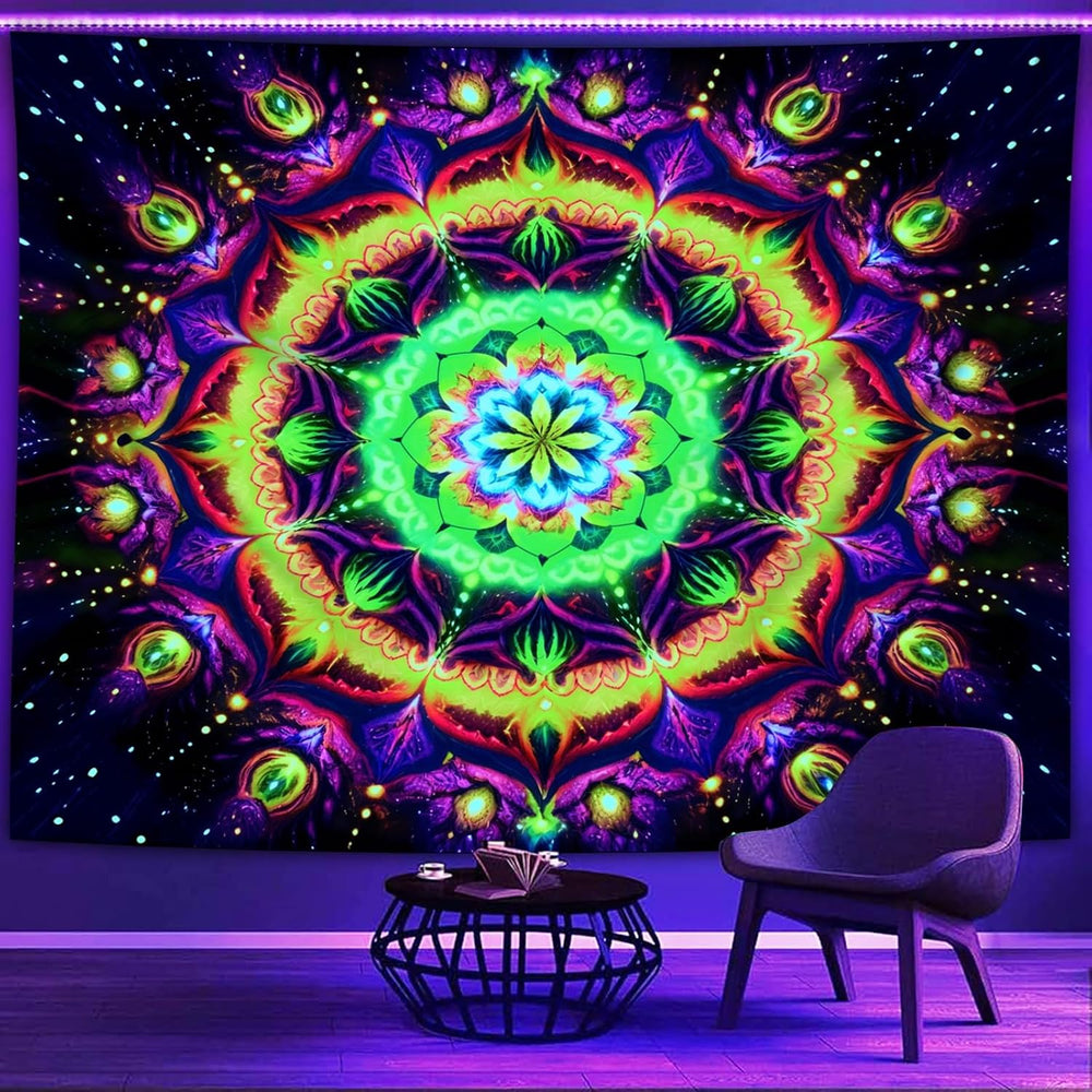Psyhilar Blacklight Mandala Tapestry for Bedroom, Extra Large Psychedelic Flo...