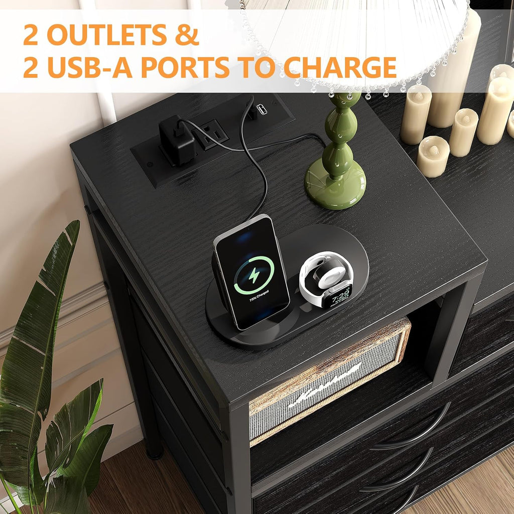 Jojoka TV Stand with Charging Station, Bedroom Dresser for Living Room TV Stand with 9 Drawers,（Black Willow）