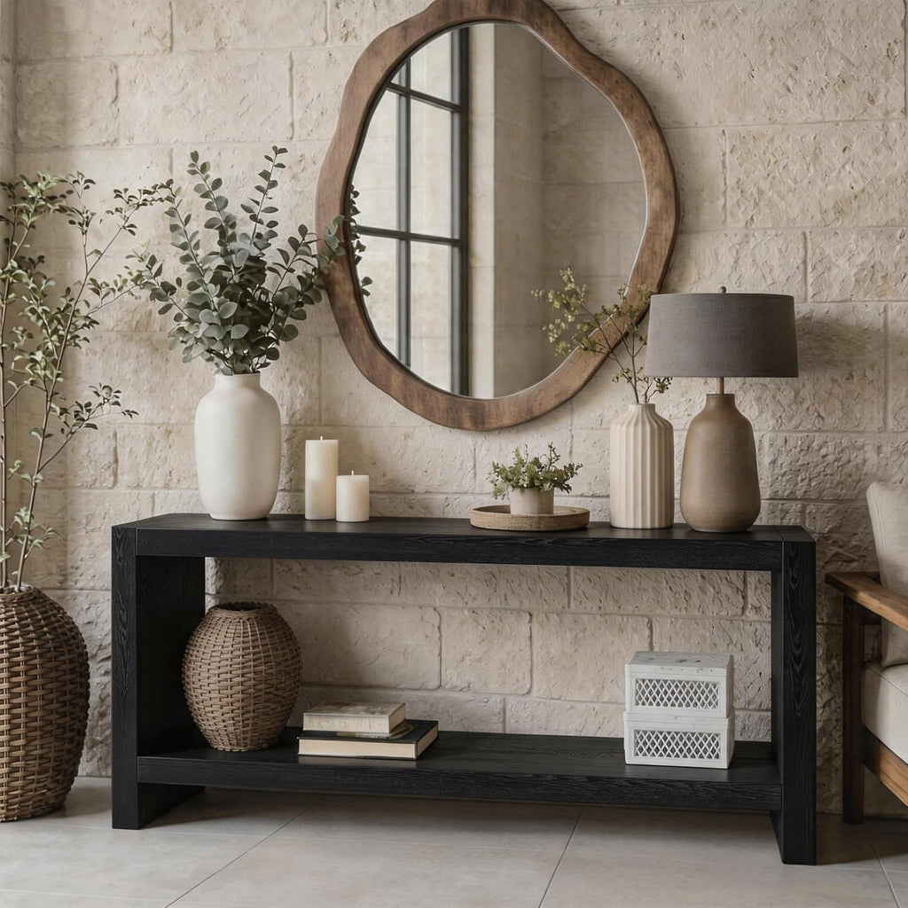 LUMISOL Farmhouse Console Table with Shelf & Wood Veneer, Black