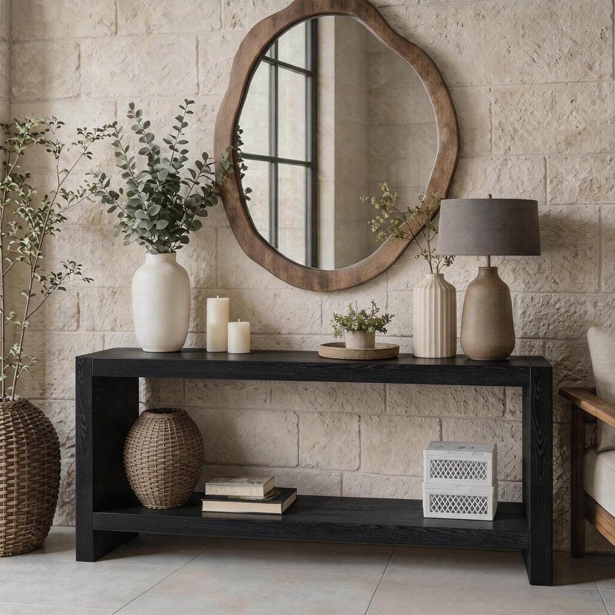 LUMISOL Farmhouse Console Table with Shelf & Wood Veneer, Black