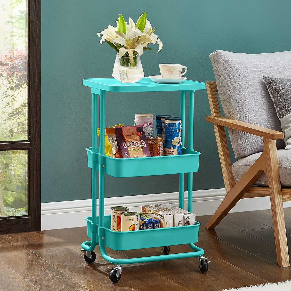 BEEY Metal Storage Baskets with Wheels, Metal Wire Market Basket Storage Organizer Cart Rolling Stackable Storage Bins for Kitchen,Pantry,Bedroom (Blue, 3 Tier-3700)