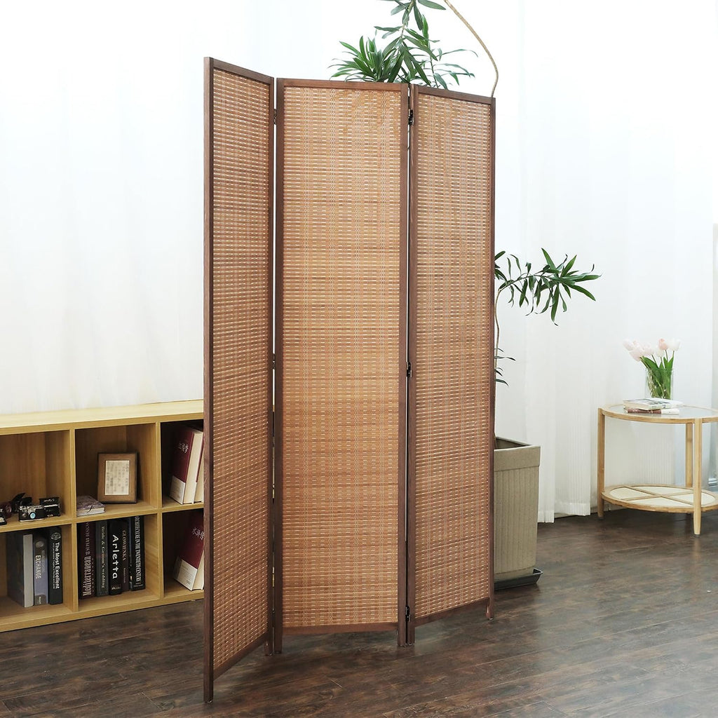 Furnnylane 3 Panel Bamboo Room Divider - 5.6 ft Tall Folding Privacy Screen for Room Separation, Natural Brown Freestanding Partition Wall for Home Office (67" H x 46" W)