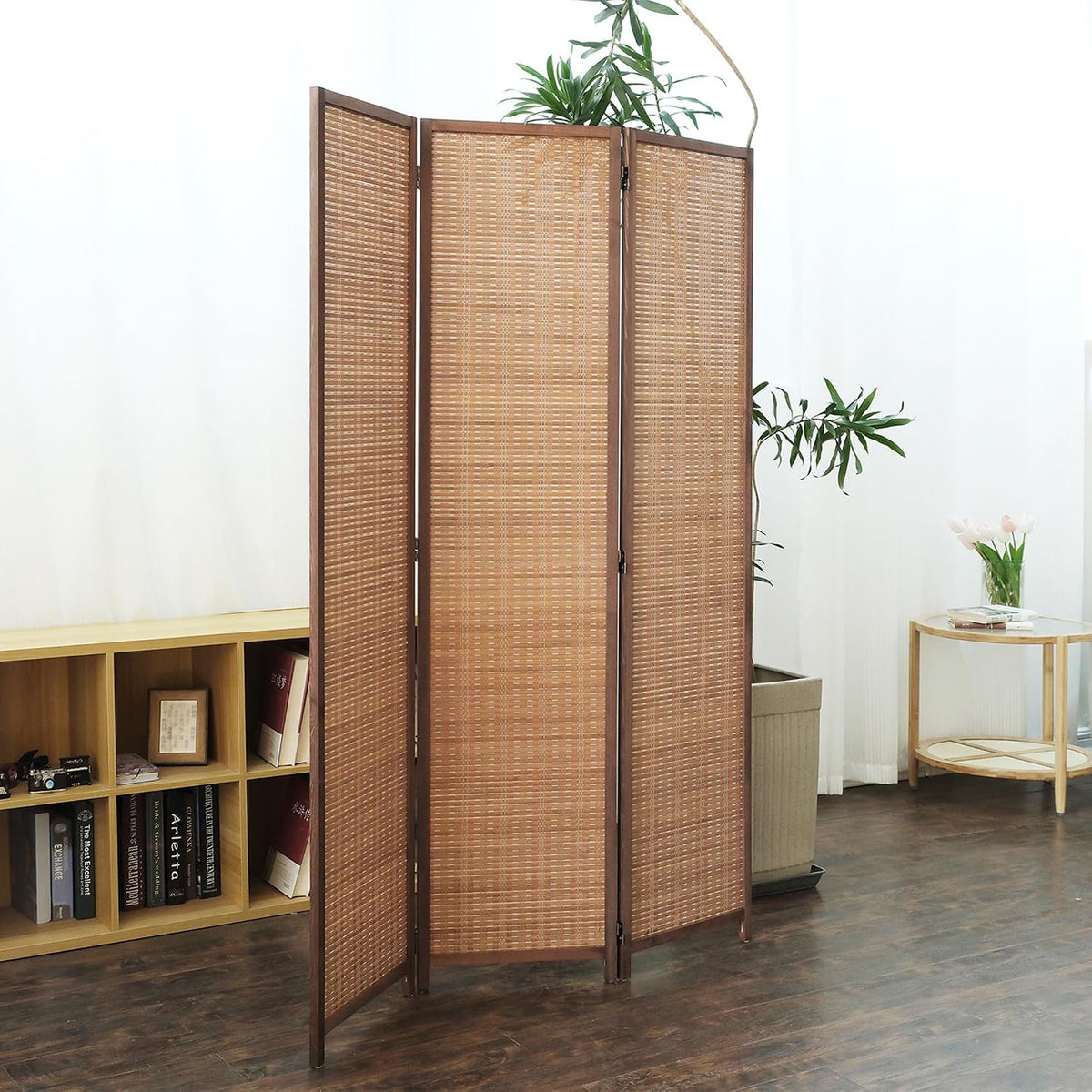 Furnnylane 3 Panel Bamboo Room Divider - 5.6 ft Tall Folding Privacy Screen for Room Separation, Natural Brown Freestanding Partition Wall for Home Office (67" H x 46" W)