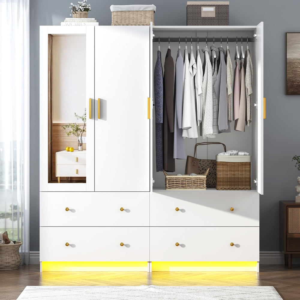 chartustriable 2 Doors Armoire Wardrobe Closet with Mirror, LED Closet with D...