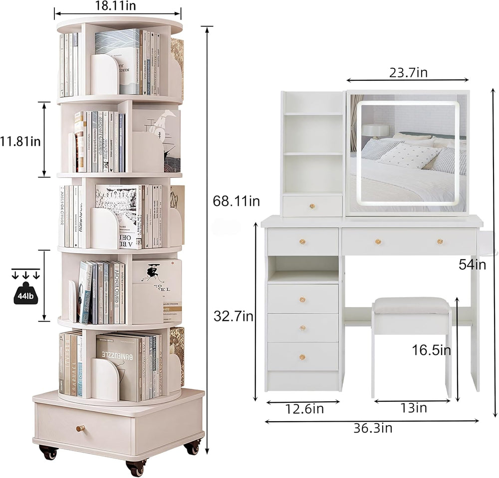 5pc Queen Bedroom Set, Bed Frame, Vanity, Bookshelf, 2 Nightstands