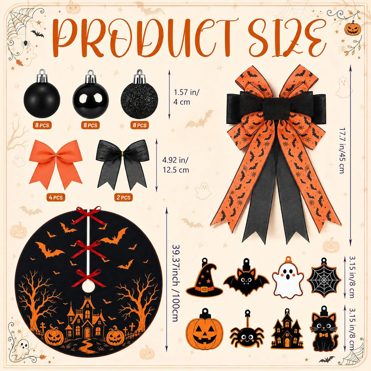 39 Pcs Halloween Tree Decorations with Ornaments Tags Bows and Tree Skirt