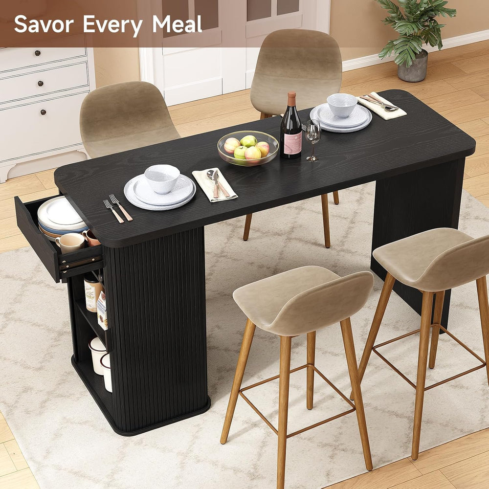 ONBRILL 59 Inch Fluted Kitchen Island with Storage Black