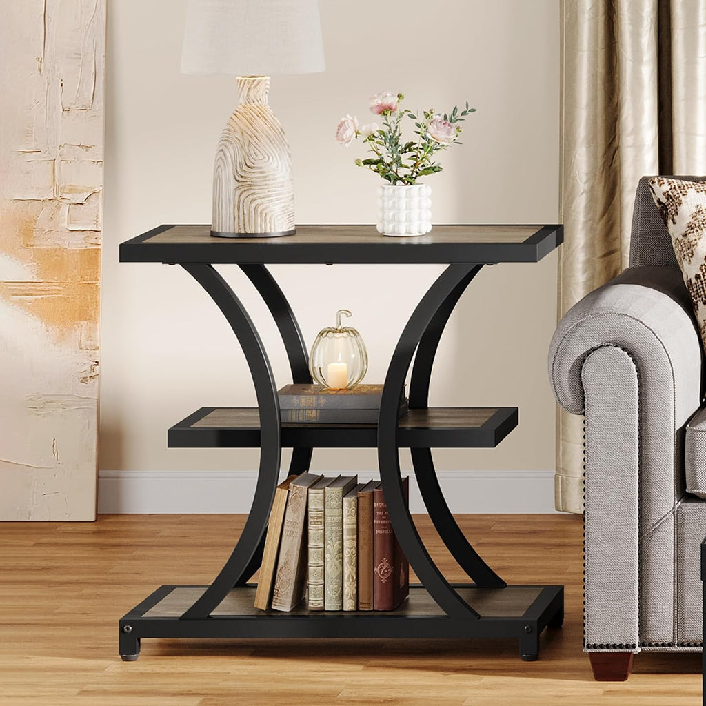 Tribesigns End Table with Storage, 3-Tier Side Table with Geometric Metal Design, Industrial Nightstand for Small Spaces, Living Room, Bedroom, Study Room (Grey)