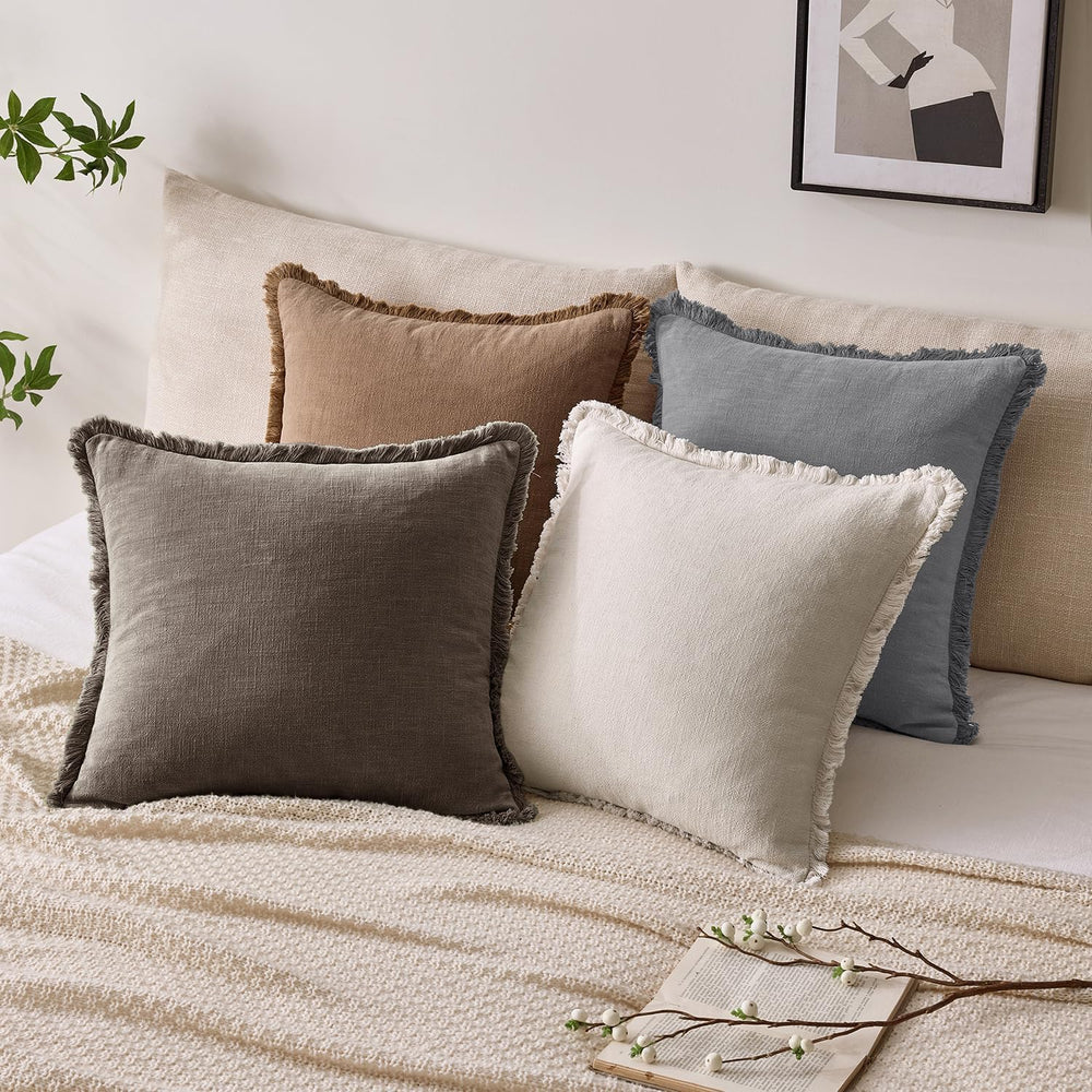 24x24 Inch Set of 2 Euro Linen Fringe Throw Pillow Covers,Coffee