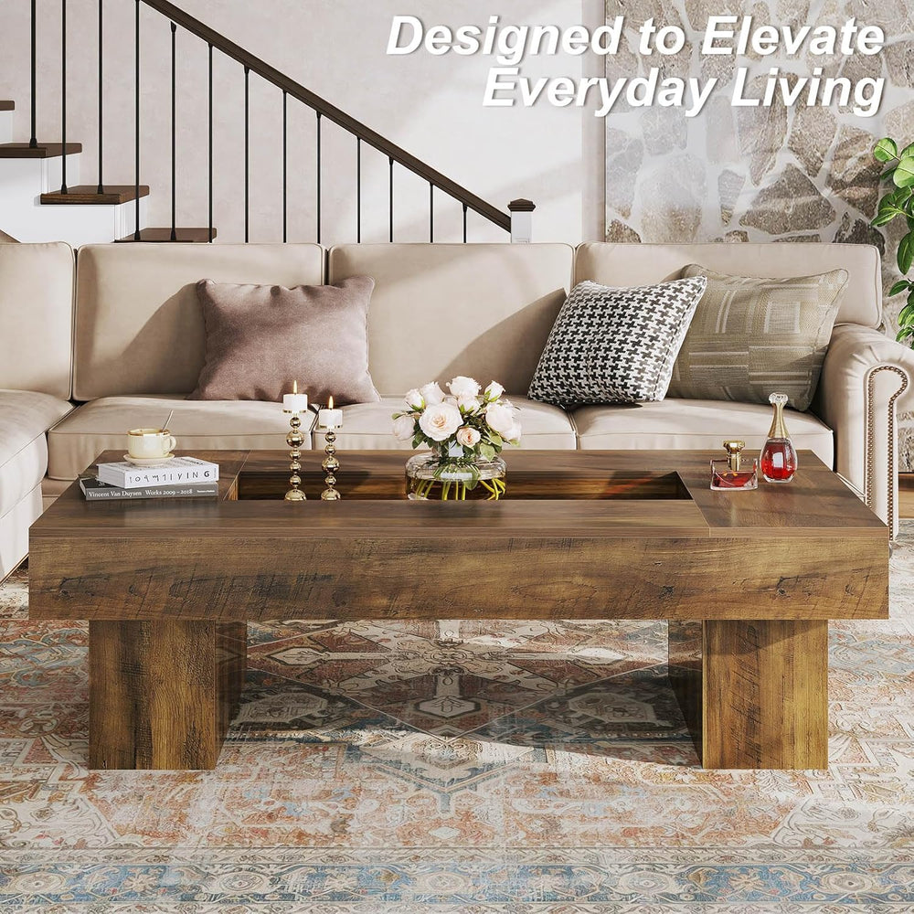 LVB 47"X31" Large Rectangle Wood Coffee Table with Storage Rustic Oak