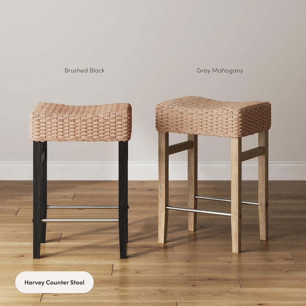 Nathan James Harvey Rattan Bar Stool, Bohemian Counter Height Stool with Woven Seagrass Seat, Solid Wood Legs, and Metal Footrest Seagrass/Brushed Gray, Set of 4