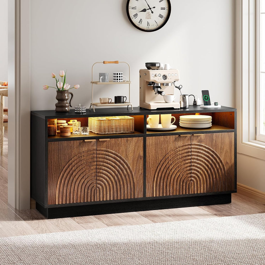 Modern Sideboard Buffet Cabinet with Storage - 58" Fluted Coffee Bar Cabinet with LED Light & Power Outlet, Adjustable Shelf, Credenza Strorage Cabinet, Accent Console for Kitchen Living Room