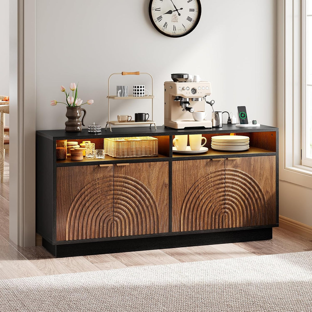 Modern Sideboard Buffet Cabinet with Storage - 58" Fluted Coffee Bar Cabinet with LED Light & Power Outlet, Adjustable Shelf, Credenza Strorage Cabinet, Accent Console for Kitchen Living Room