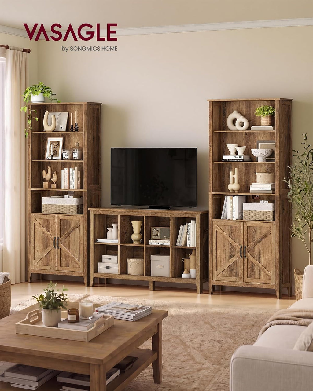 vasagle farmhouse bookshelf, 6-tier bookcase with doors, close-up detail