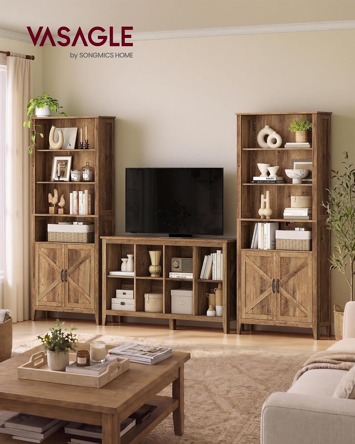 vasagle farmhouse bookshelf, 6-tier bookcase with doors, close-up detail