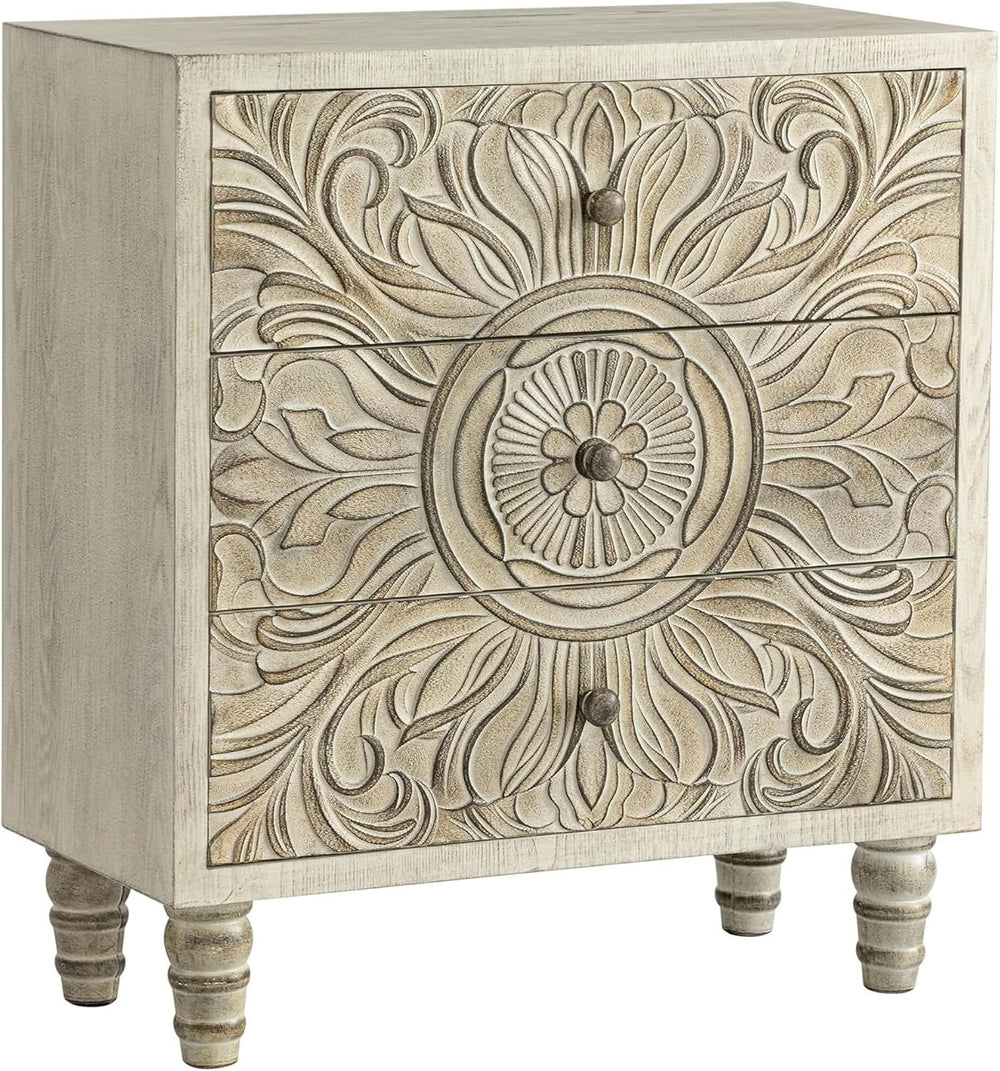 COZAYH 3-Drawer Bedroom Dresser with Carved Floral Front, Distressed Weathere...