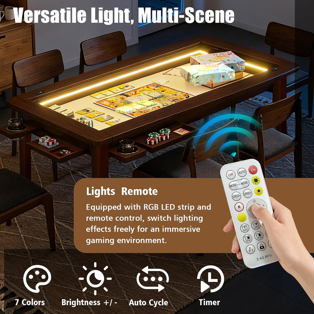 Solid Wood Board Game Table with Colorful Led Lights, Dining/Gaming Table