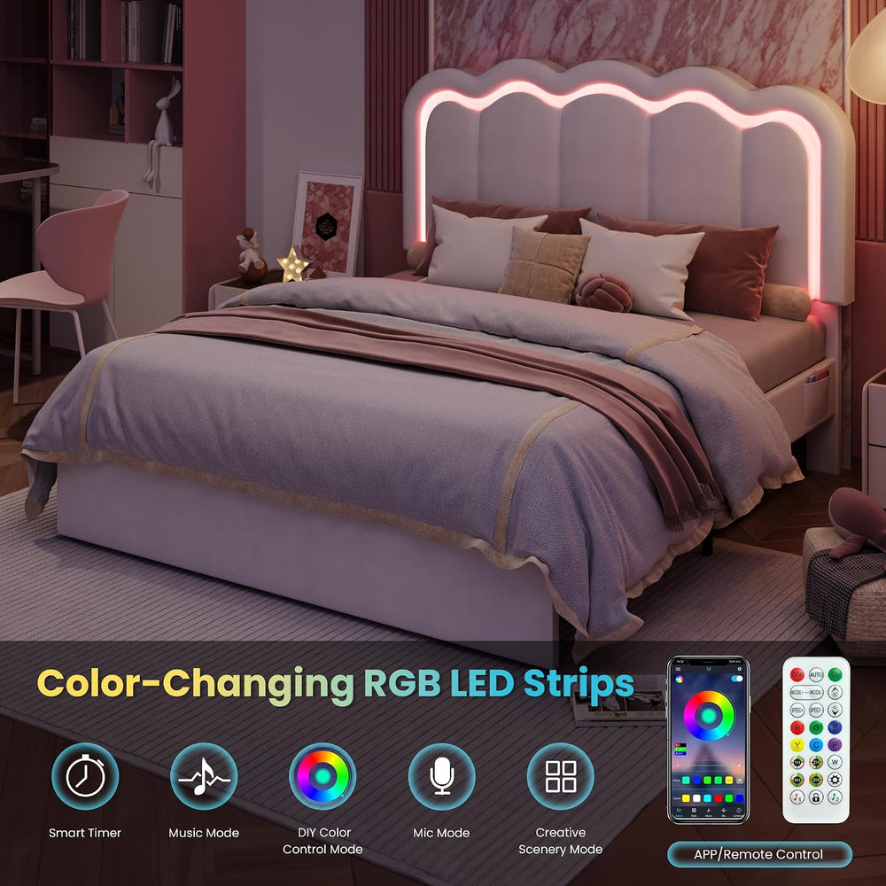 SHA CERLIN Full Size Bed Frame with LED Lights and Storage Drawer, White