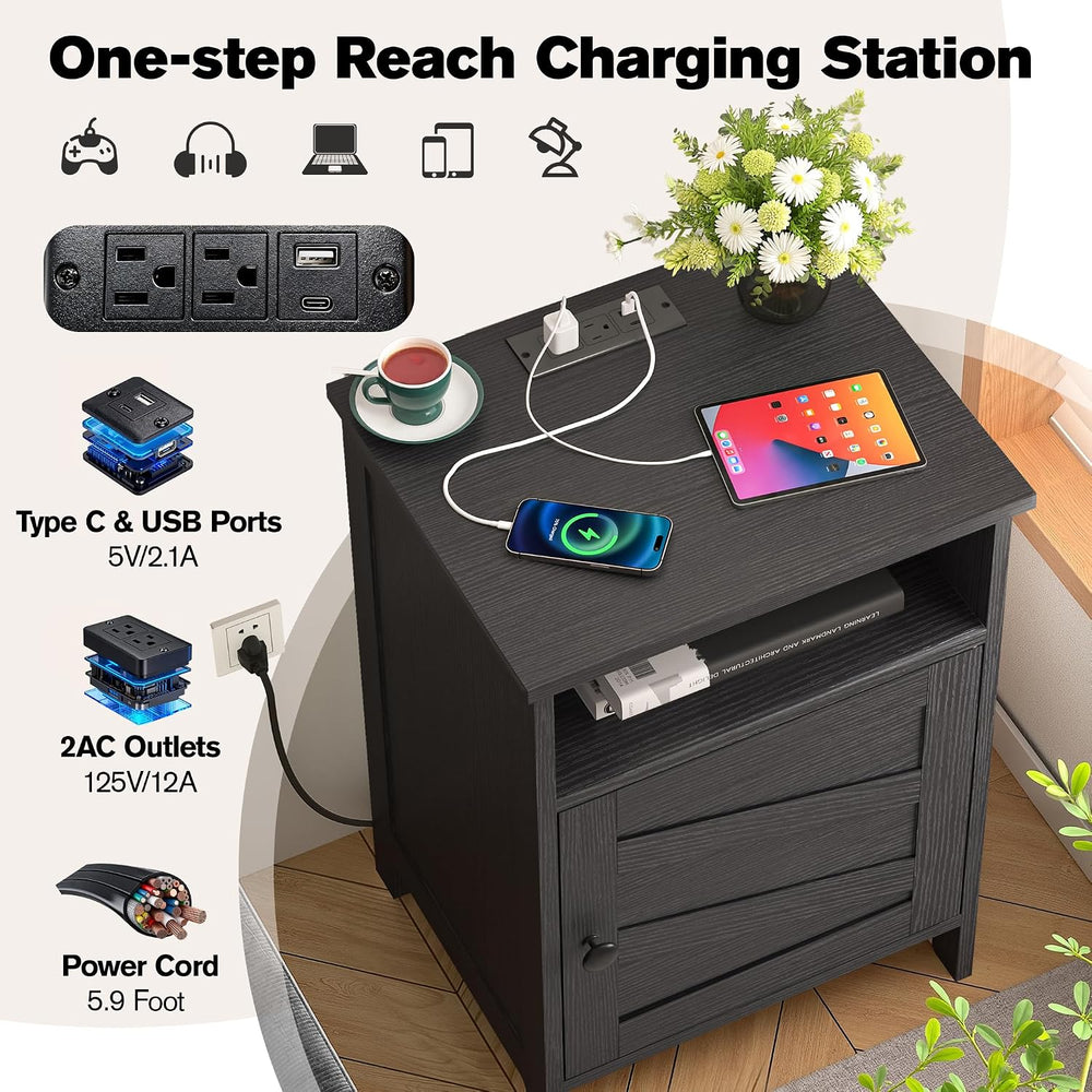 Night Stand with Charging Station, Farmhouse Nightstand with Open Shelf, Beds...