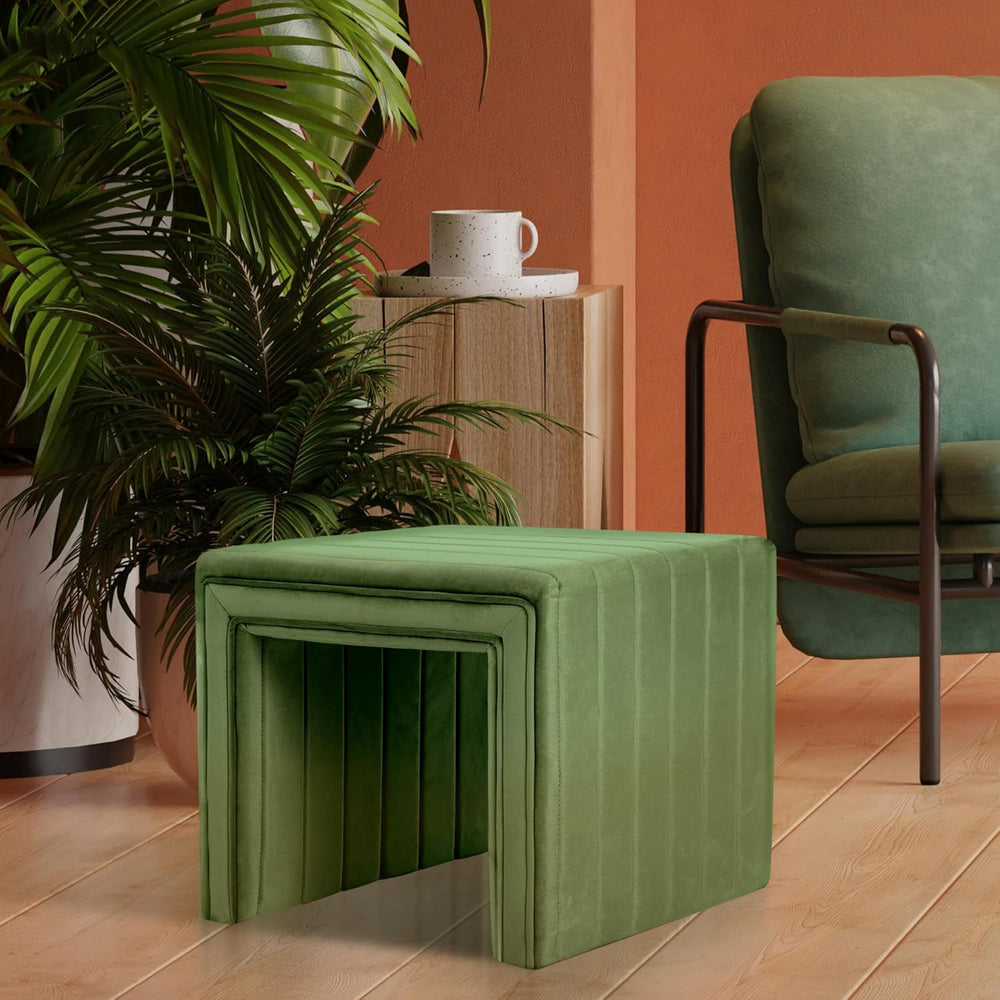Spatial Order 19" Modern Channel Tufted Velvet Ottoman - Green