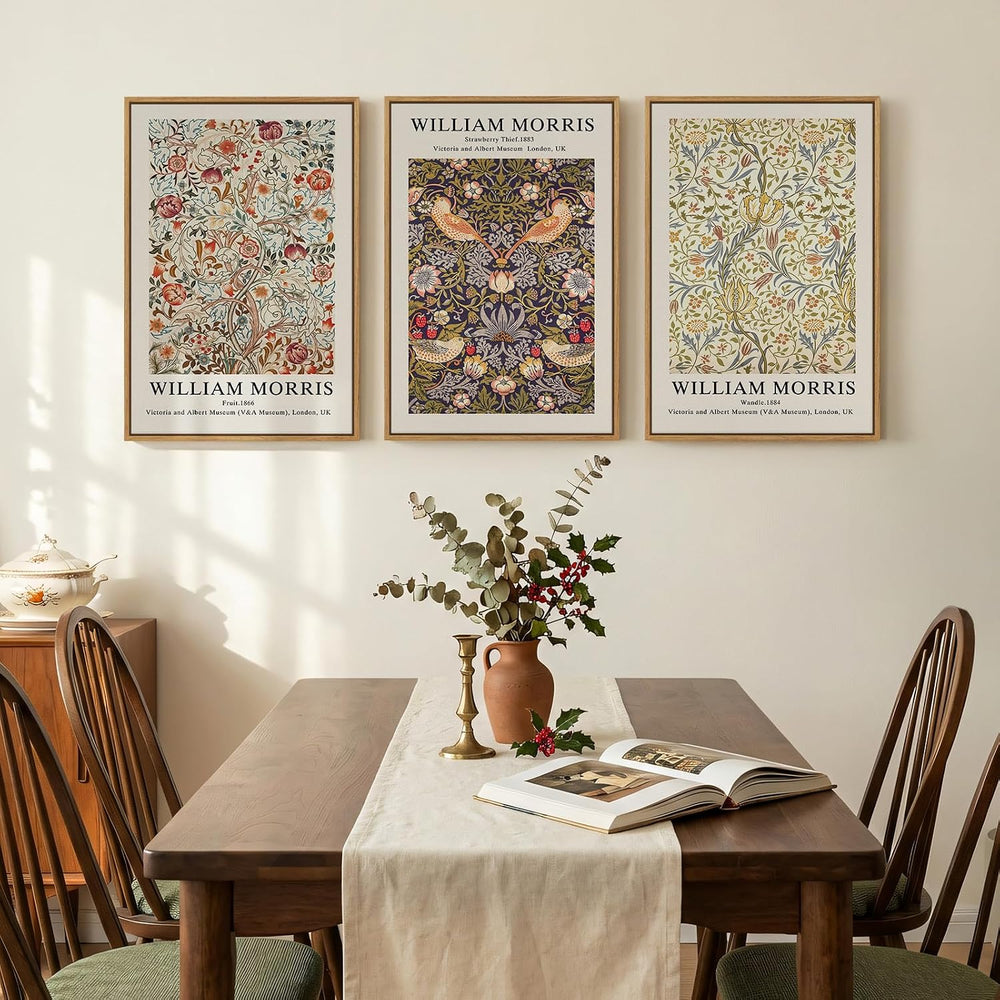 Large Framed William Morris Strawberry Thief Canvas Wall Art, Set of 3