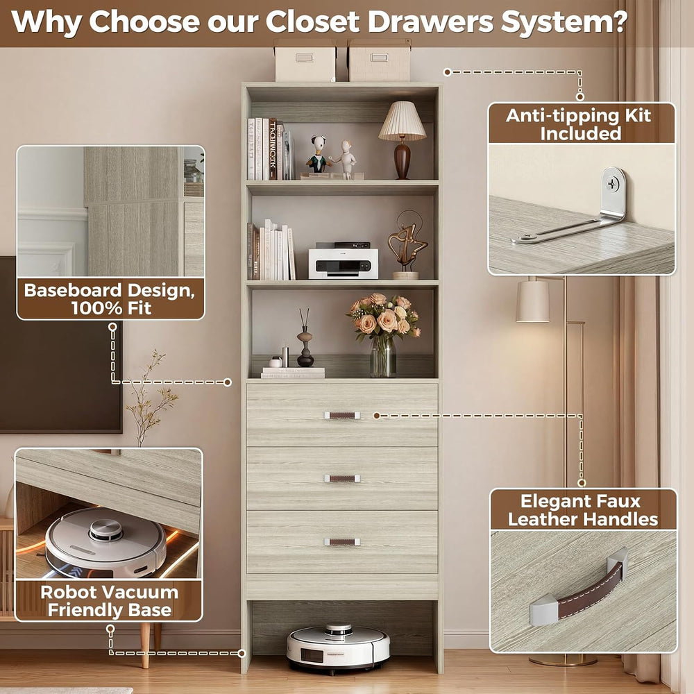 Freestanding 3.5FT Closet System with Leather Handles Set of 2 White Oak