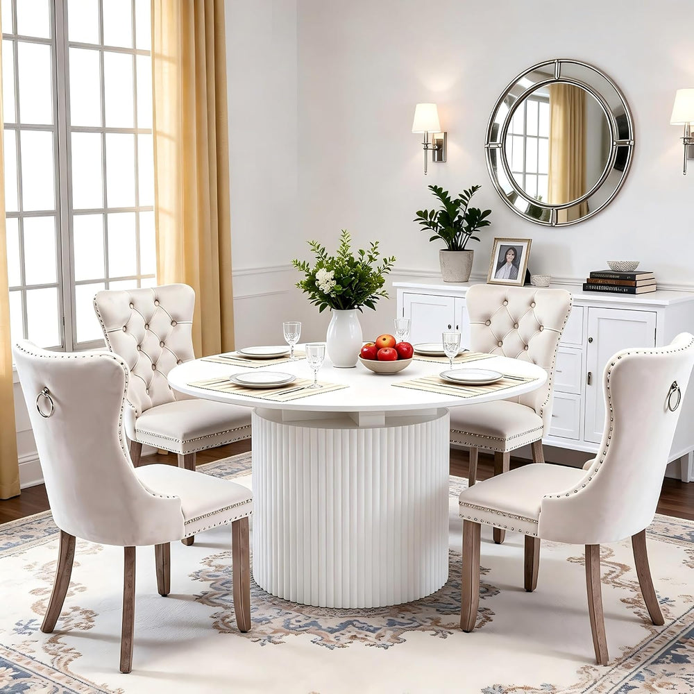 44-132 in Extendable Round Dining Table Set for 8 with Beige Velvet Chairs