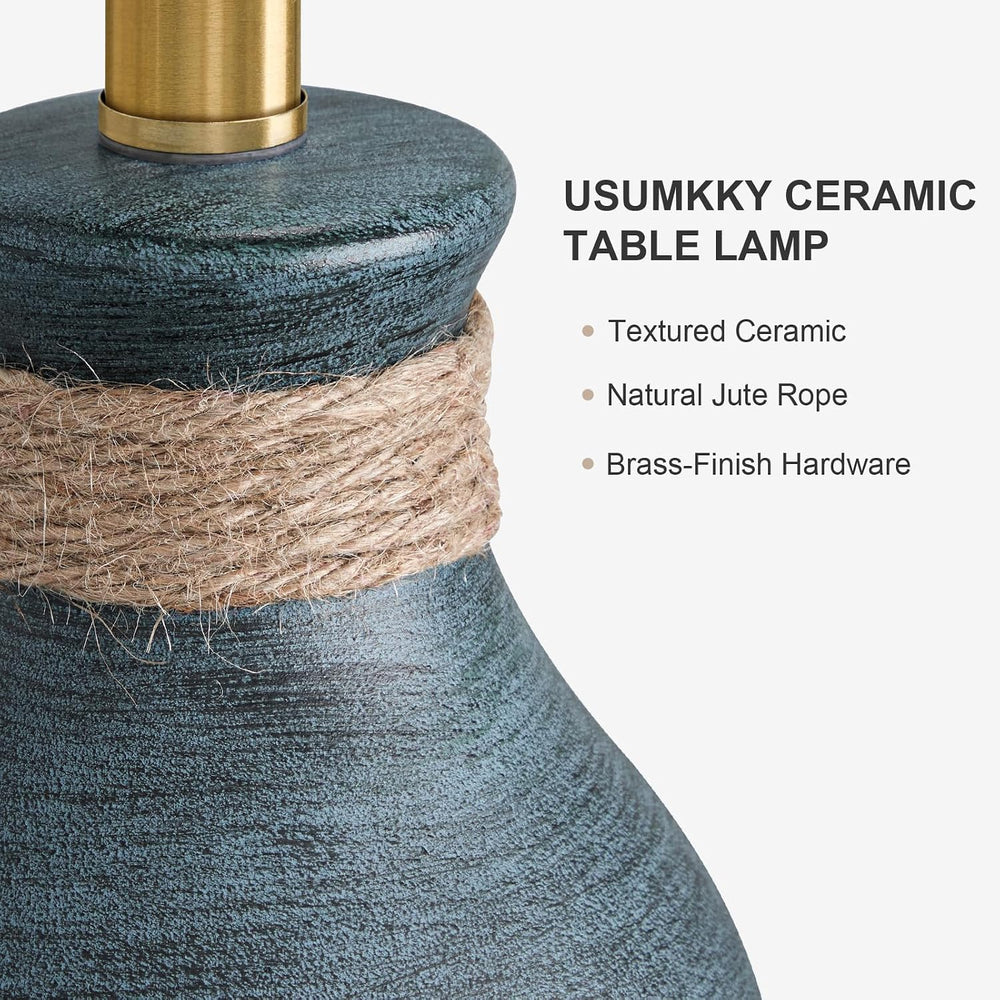 USumkky 22.5" Farmhouse Ceramic Table Lamp Coastal Bedside Lamp Blue‑Grey