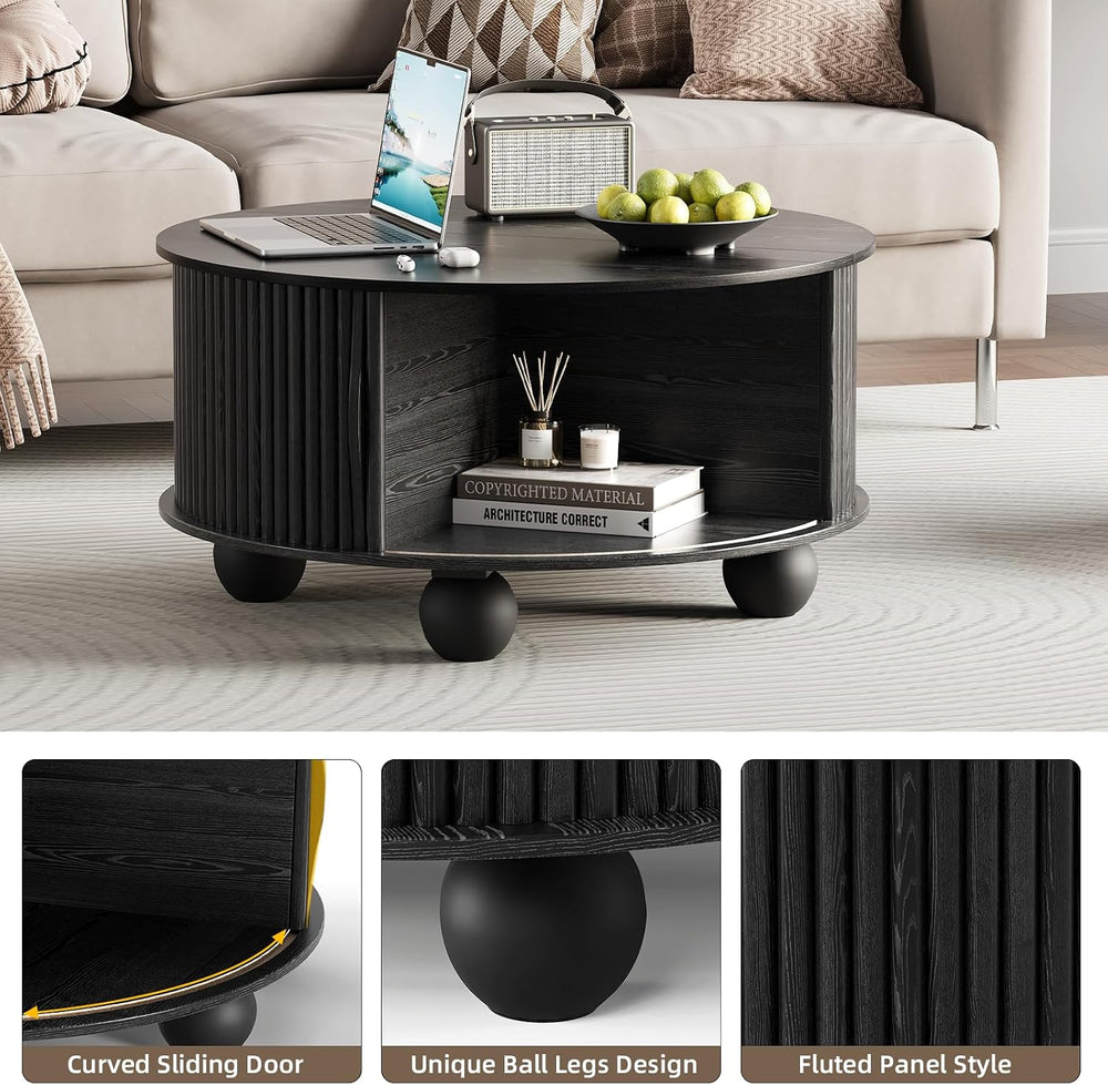 JOINICE 31.5" Round Coffee Table with Storage,Unique Bun Feet,Black