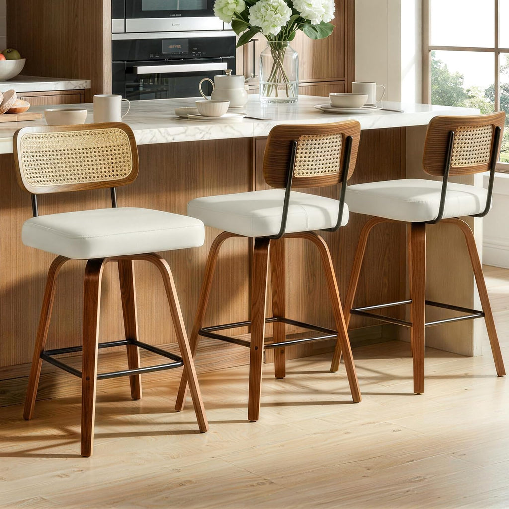 Swivel Bar Stools Set of 2, 26" Counter Height with Rattan Back, Ivory