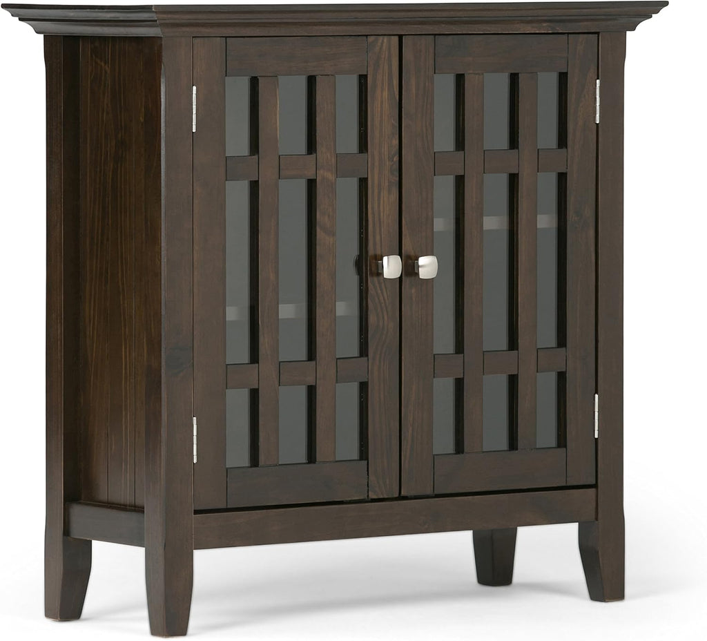 SIMPLIHOME Bedford 32" Wide Solid Wood Cabinet in Brunette Brown
