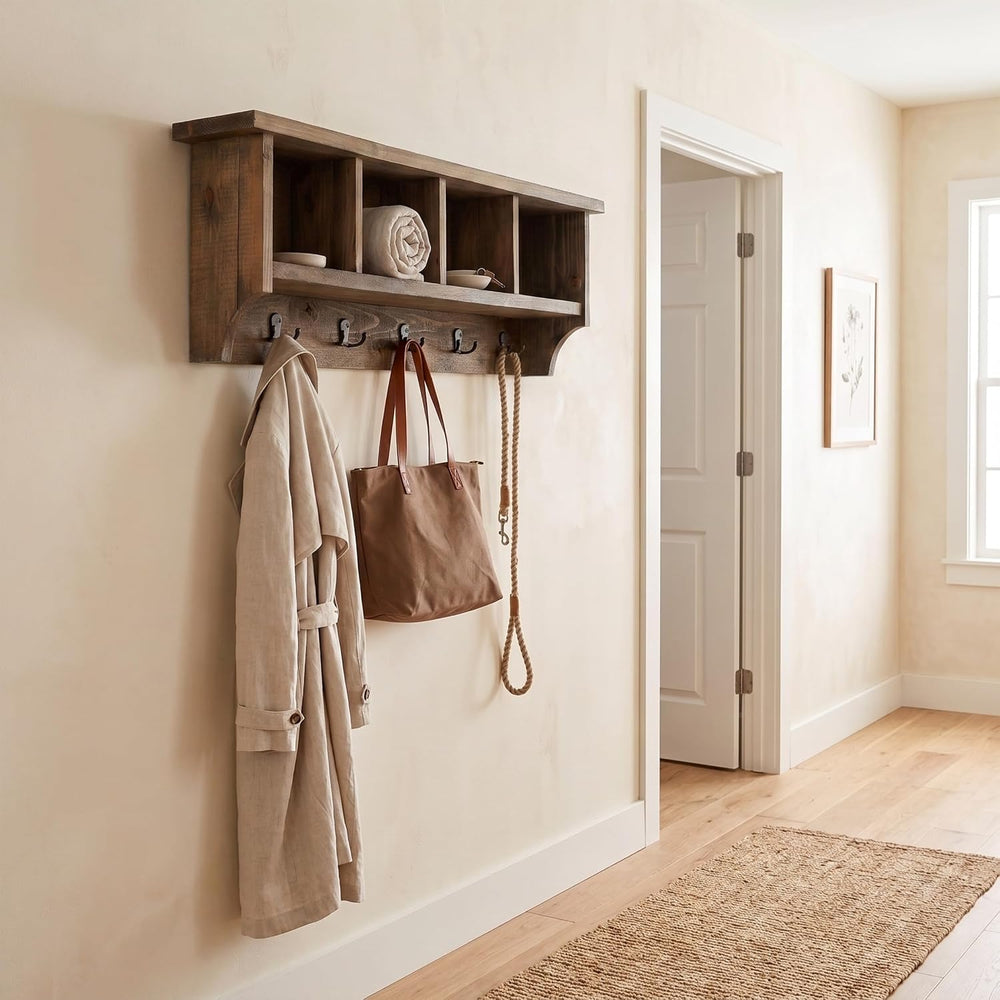 Pomona Solid Wood Entryway Coat Rack with Cubbies, Rustic Brown, 48”