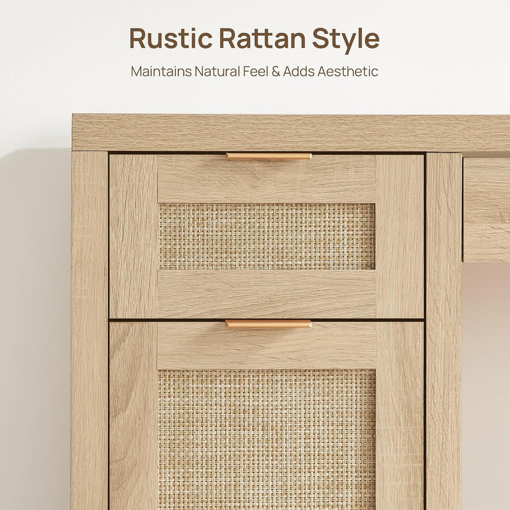 SICOTAS Rattan Home Office Desk with Storage, 52" Boho Executive Desk