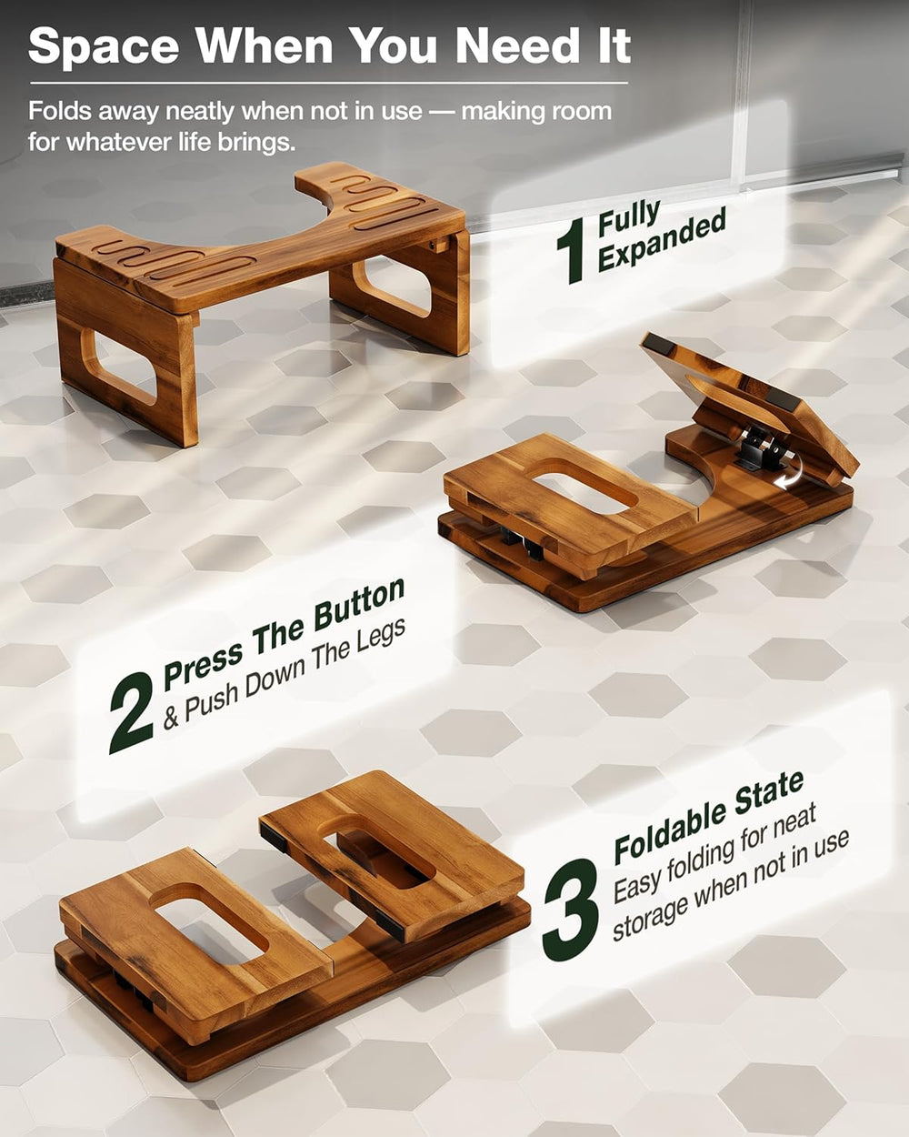 BLUEWEST Foldable Toilet Stool, 7 and 9 Inch Adjustable Height, Acacia Wood