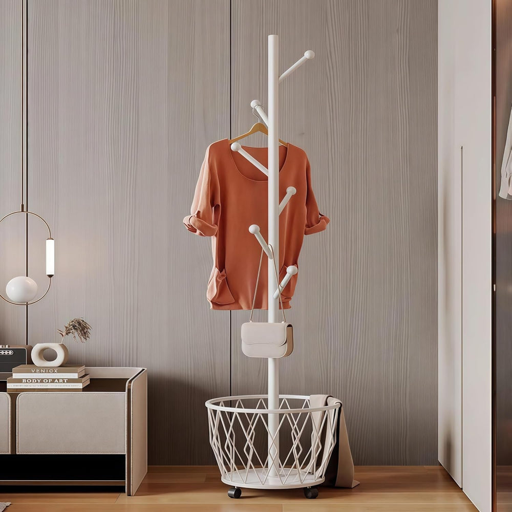 Off-White Moveable Tree Metal Coat Rack with Basket Freestanding 65"