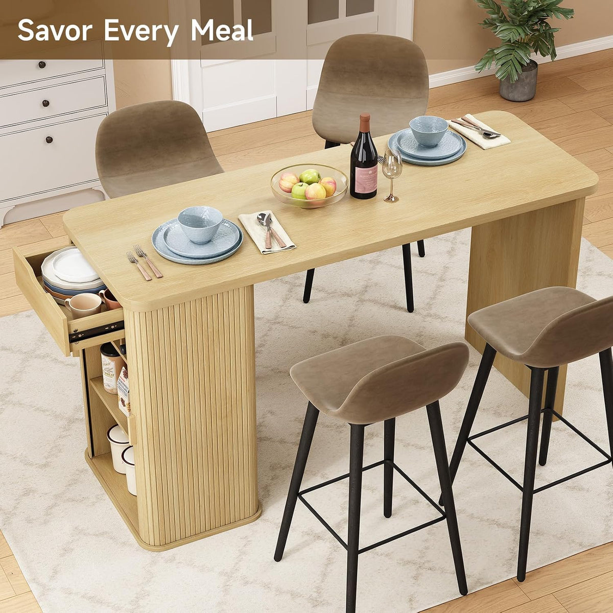 ONBRILL 59 Inch Fluted Kitchen Island with Storage Oak